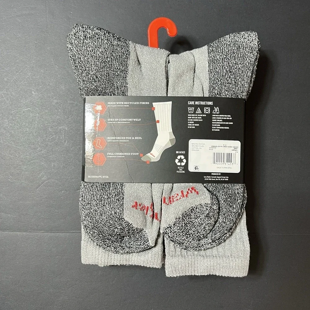 Wrangler Mens Cushion Crew Size 6-12 Grey Work Sock 6 Pair Steel Toe New